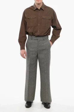 Outlet Pantaloni in Lana Herringbone con Chiusura a Scomparsa Uomo Pantaloni