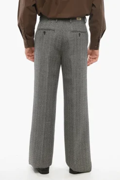 Outlet Pantaloni in Lana Herringbone con Chiusura a Scomparsa Uomo Pantaloni