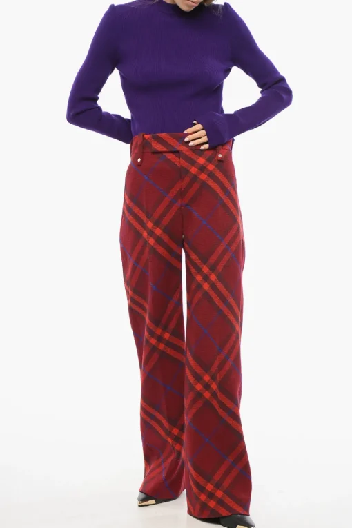 Pantaloni in Lana Vergine Tartan con Chiusura Nascosta>Burberry Sale