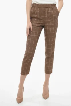 Discount Pantaloni in Lino Windowpane con Elastico in Vita Donna Pantaloni
