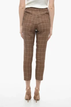 Discount Pantaloni in Lino Windowpane con Elastico in Vita Donna Pantaloni