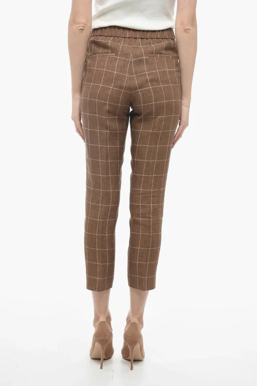 Discount Pantaloni in Lino Windowpane con Elastico in Vita Donna Pantaloni