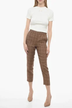 Discount Pantaloni in Lino Windowpane con Elastico in Vita Donna Pantaloni