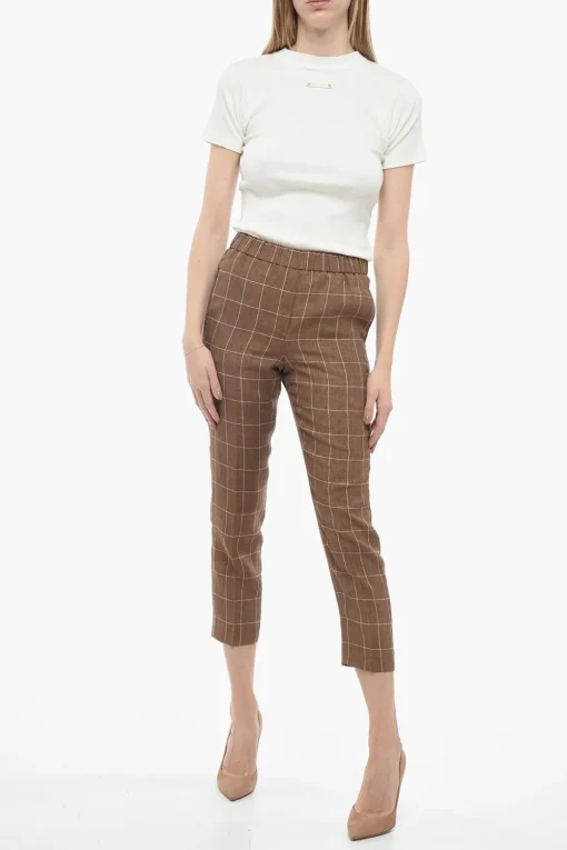 Discount Pantaloni in Lino Windowpane con Elastico in Vita Donna Pantaloni