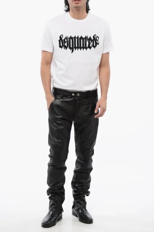 Hot Pantaloni in Pelle Martellata con Dettagli Biker Uomo Pantaloni