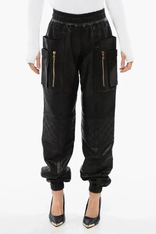 Pantaloni in Pelle Multitasca con Dettaglio Trapuntato>Balmain Sale