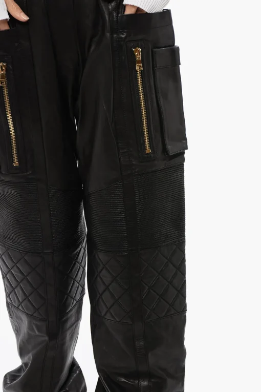 Pantaloni in Pelle Multitasca con Dettaglio Trapuntato>Balmain Sale