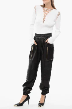 Pantaloni in Pelle Multitasca con Dettaglio Trapuntato></noscript>Balmain Sale