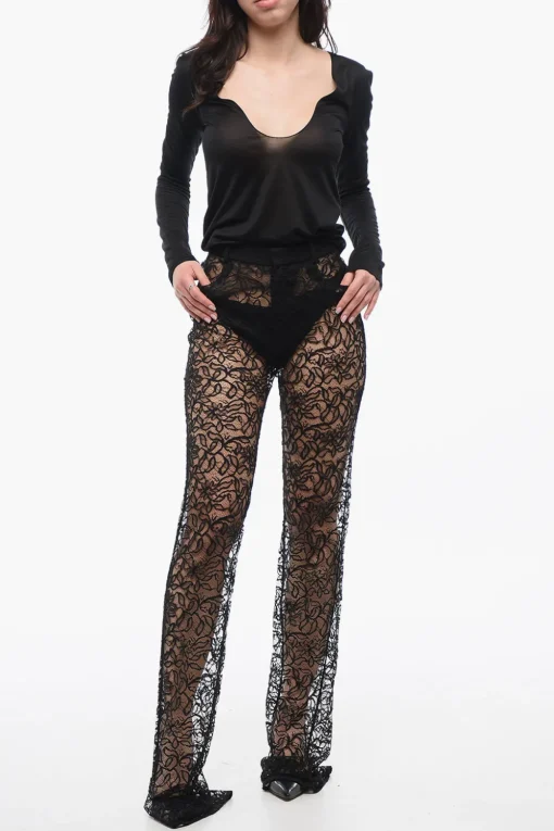 Pantaloni in Pizzo Floreale con Gamba Dritta>Saint Laurent Fashion
