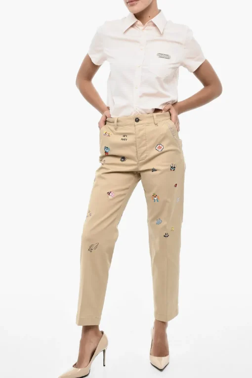 Clearance Pantaloni in Twill Cotone con Logo in Strass Donna Pantaloni