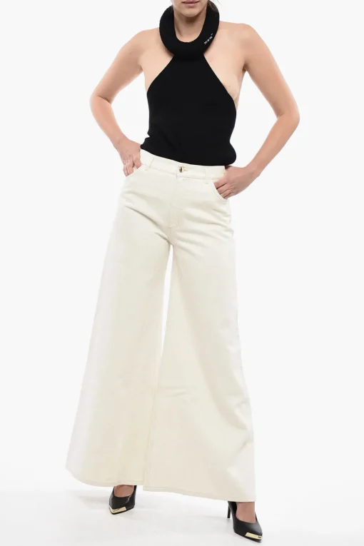 Fashion Pantaloni Palazzo 5 Tasche in Misto Cotone Donna Pantaloni
