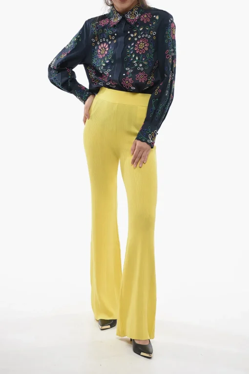 Fashion Pantaloni Palazzo a Costine e a Vita Alta Donna Pantaloni