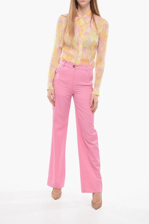 New Pantaloni Palazzo In Lana Con Dettagli Sfrangiati Donna Pantaloni