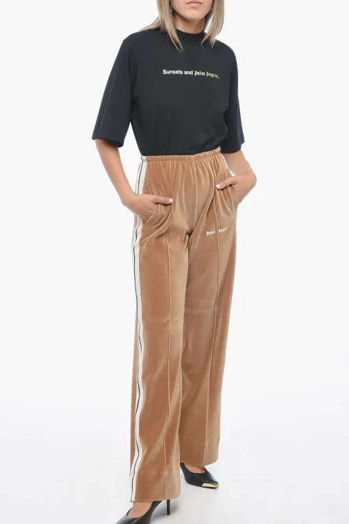 Fashion Pantaloni Track Straight Fit in Velour con Bande a Contrasto Donna Pantaloni