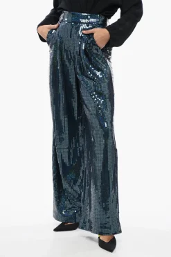 New Pantaloni Wide-Leg in Paillettes All-Over con Pinces Donna Pantaloni