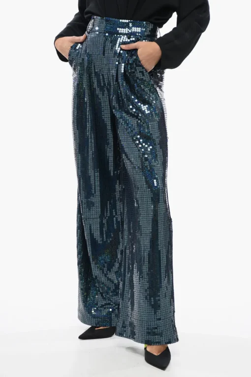 New Pantaloni Wide-Leg in Paillettes All-Over con Pinces Donna Pantaloni