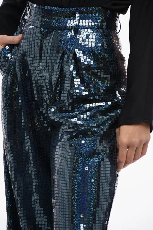 New Pantaloni Wide-Leg in Paillettes All-Over con Pinces Donna Pantaloni