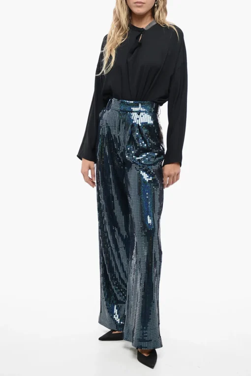 New Pantaloni Wide-Leg in Paillettes All-Over con Pinces Donna Pantaloni