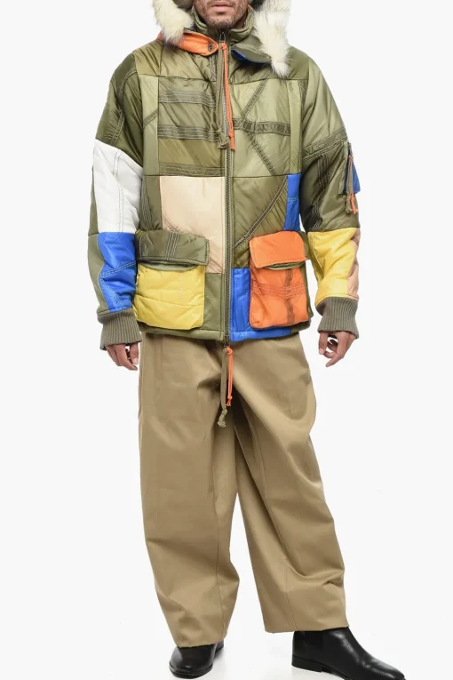 Hot Piumino MULTI STITCHWORK in Patchwork con Pelliccia Sintetica Uomo Giubbotti