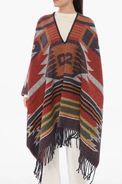 Discount Poncho Oversezed in Jacquard Etnico con Frange Donna Cappotti E Trench
