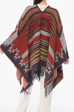 Discount Poncho Oversezed in Jacquard Etnico con Frange Donna Cappotti E Trench