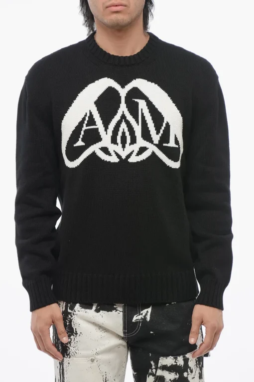 Pullover Girocollo in Cotone con Logo in Jacquard>Alexander McQueen Online