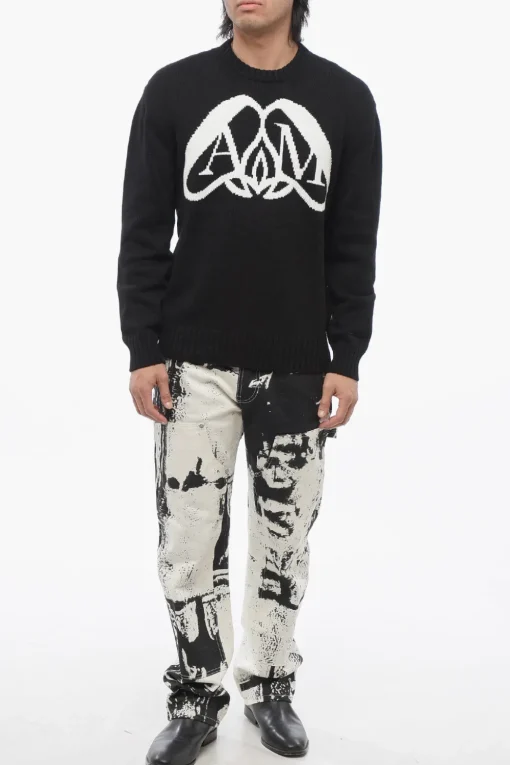 Pullover Girocollo in Cotone con Logo in Jacquard>Alexander McQueen Online