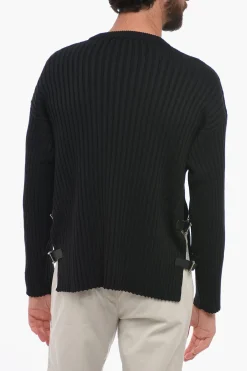 New Pullover in Lana a Coste con Fibbie Laterali Uomo Maglieria