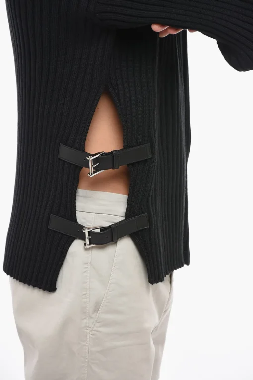 New Pullover in Lana a Coste con Fibbie Laterali Uomo Maglieria