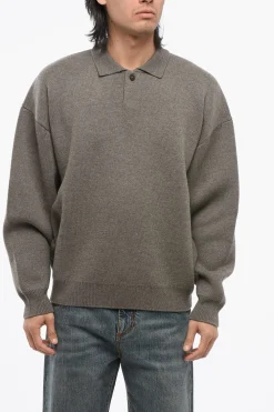 New Pullover in Lana Vergine con Collo a Polo Uomo Maglieria