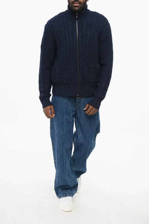 Discount Pullover Zip-up in Lana Vergine Cable knit Uomo Maglieria