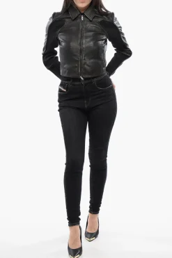 RED TAG Giubbotto L-TOTEMin Pelle Crop Con Dettagli In Maglia></noscript>Diesel Fashion
