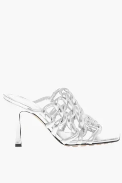 Sandali in Pelle Intrecciata Lamé con Tacco a Rocchetto 10cm></noscript>Bottega Veneta New