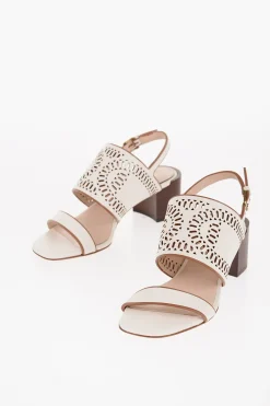 Hot Sandali in Pelle Laser Cut con Tacco in Legno 5,5cm Donna Scarpe Con Tacco