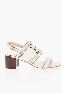Hot Sandali in Pelle Laser Cut con Tacco in Legno 5,5cm Donna Scarpe Con Tacco
