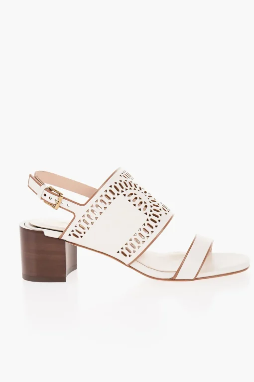 Hot Sandali in Pelle Laser Cut con Tacco in Legno 5,5cm Donna Scarpe Con Tacco