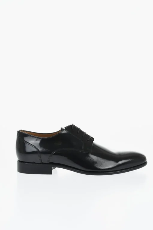 Sale Scarpe Derby in Pelle Lucida a Tinta Unita Uomo Stringate