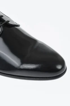 Sale Scarpe Derby in Pelle Lucida a Tinta Unita Uomo Stringate