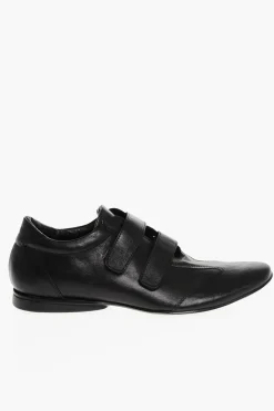 Outlet Scarpe in Pelle a Tinta Unita con Chiusura in Velcro Uomo Stringate