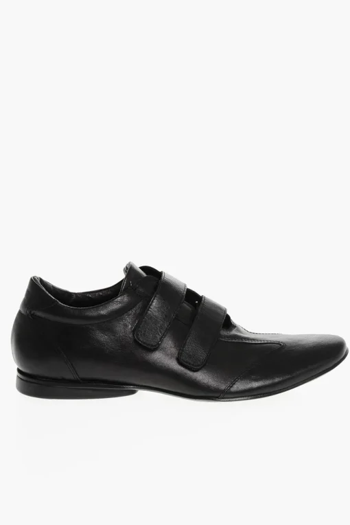 Outlet Scarpe in Pelle a Tinta Unita con Chiusura in Velcro Uomo Stringate
