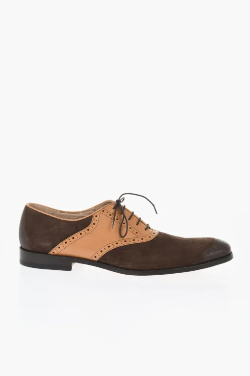 New Scarpe Oxford Quarter Brogues in Camoscio e Pelle Uomo Stringate
