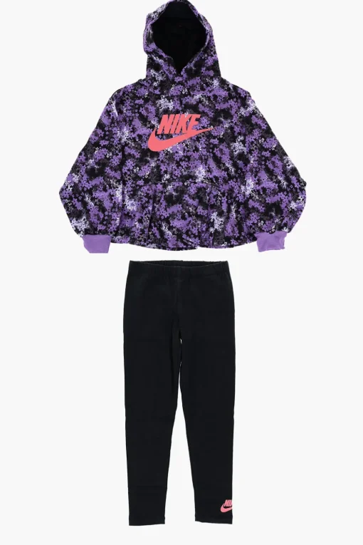 Set Felpa Hoodie a Fantasia Floreale Effetto Acid Wash e Leggings>Nike KIDS Hot