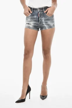 Hot Shorts Borchiati Effetto Vintage a Vita Alta Donna Pantaloni