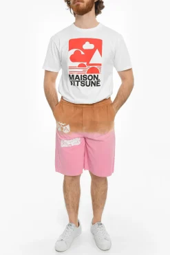 Fashion Shorts Effetto Dip-Dye in Twill di Cotone Uomo Pantaloni