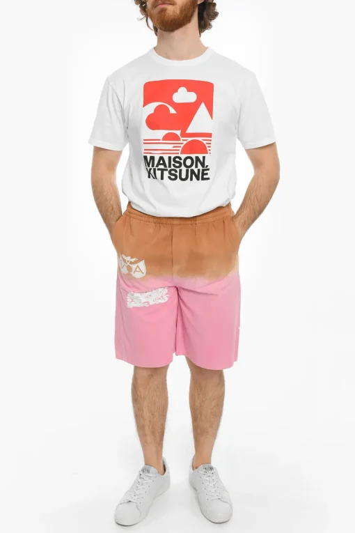 Fashion Shorts Effetto Dip-Dye in Twill di Cotone Uomo Pantaloni