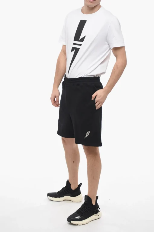 Fashion Shorts in Cotone Garzato con Logo Ricamato Uomo Pantaloni