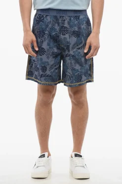 Discount Shorts in Cotone Leggero Motivo Vegetale con Banda Elastica Logata Uomo Pantaloni