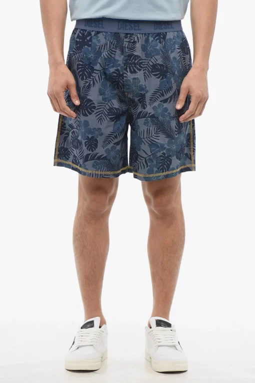 Discount Shorts in Cotone Leggero Motivo Vegetale con Banda Elastica Logata Uomo Pantaloni