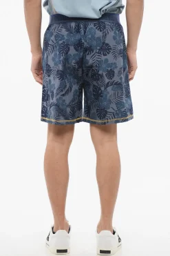 Discount Shorts in Cotone Leggero Motivo Vegetale con Banda Elastica Logata Uomo Pantaloni