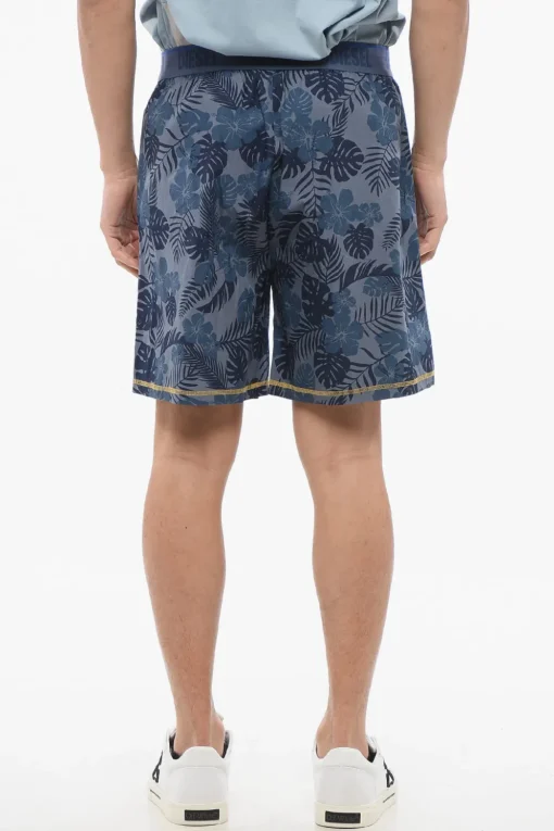 Discount Shorts in Cotone Leggero Motivo Vegetale con Banda Elastica Logata Uomo Pantaloni
